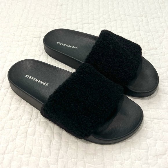 STEVE MADDEN Faux Shearling Black Slides - Size 8 - Picture 1 of 5